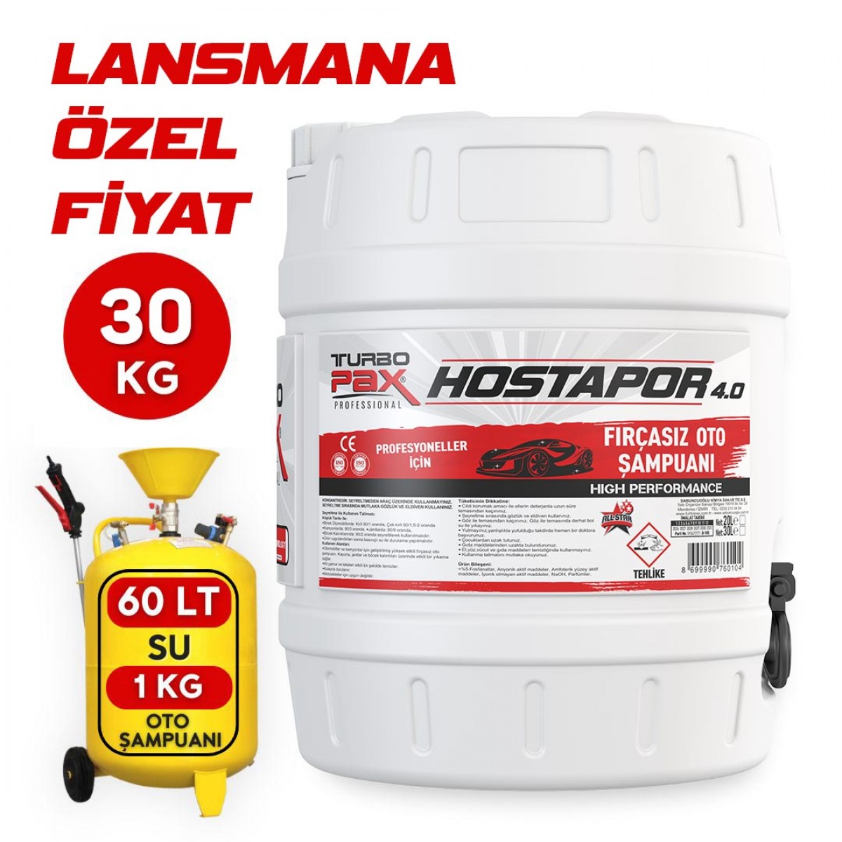 30 Kg HOSTAPOR 4.0 Fırçasız Yüksek Konsantre Oto Şampuanı 